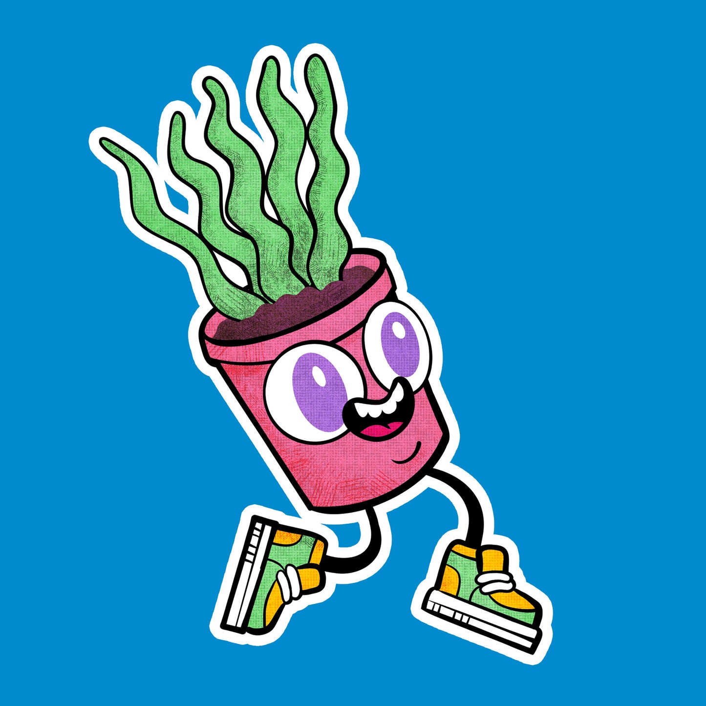 Cartoon potted plant with a happy expression on a blue background