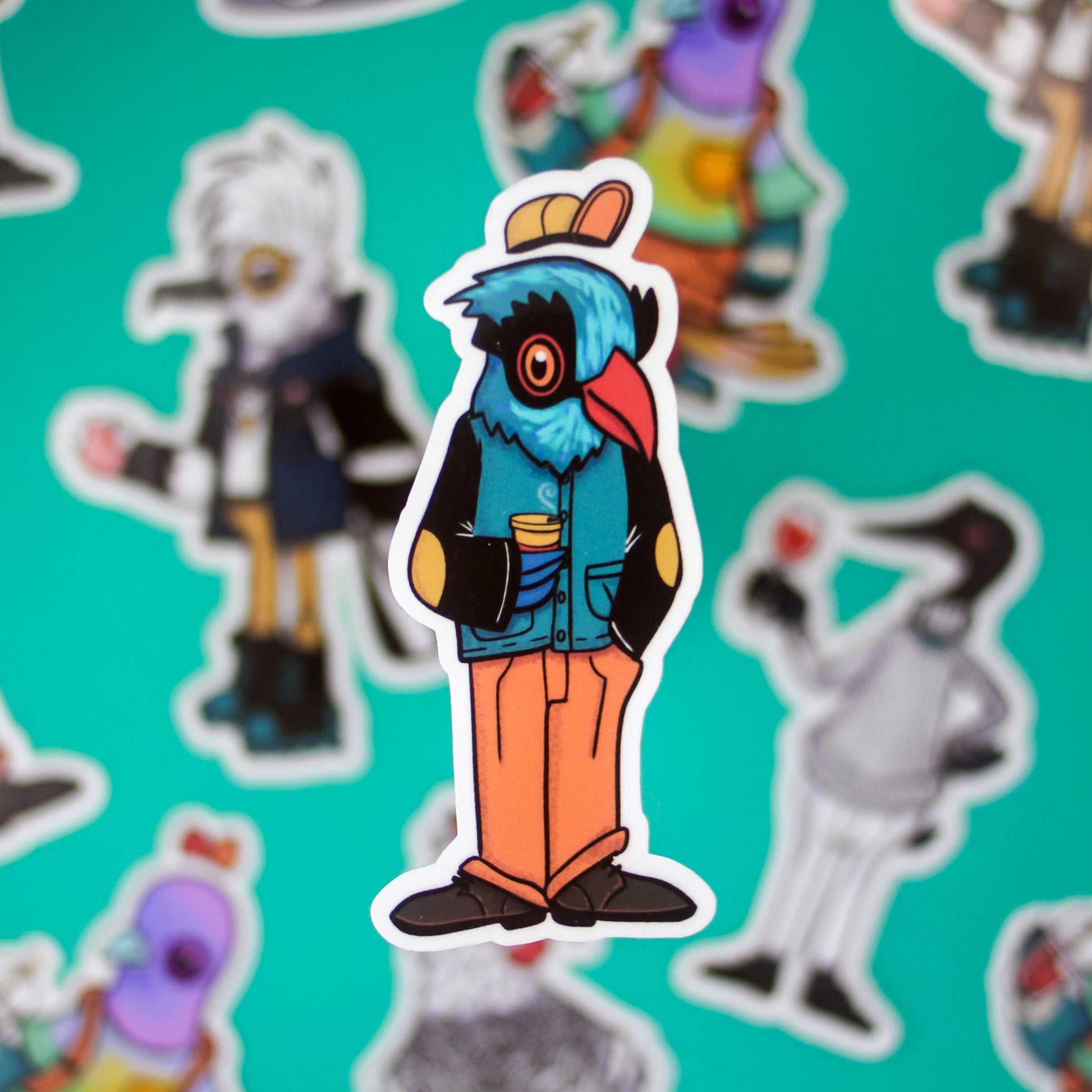 Cartoon character bird wearing a jacket and pants on a teal background with other stickers.
