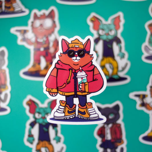 Cartoon cat character wearing a red jacket and sunglasses on a teal background with similar characters.