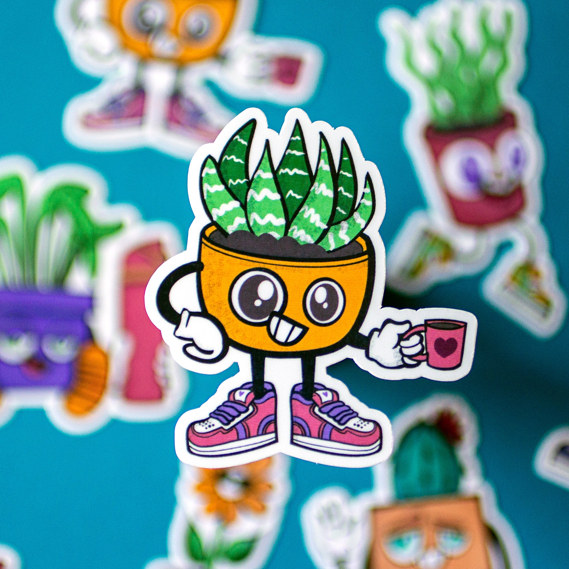 Cartoon plant character with a mug on a blue background with other similar characters.