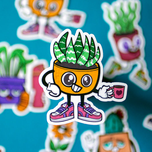 Cartoon plant character with a mug on a blue background with other similar characters.