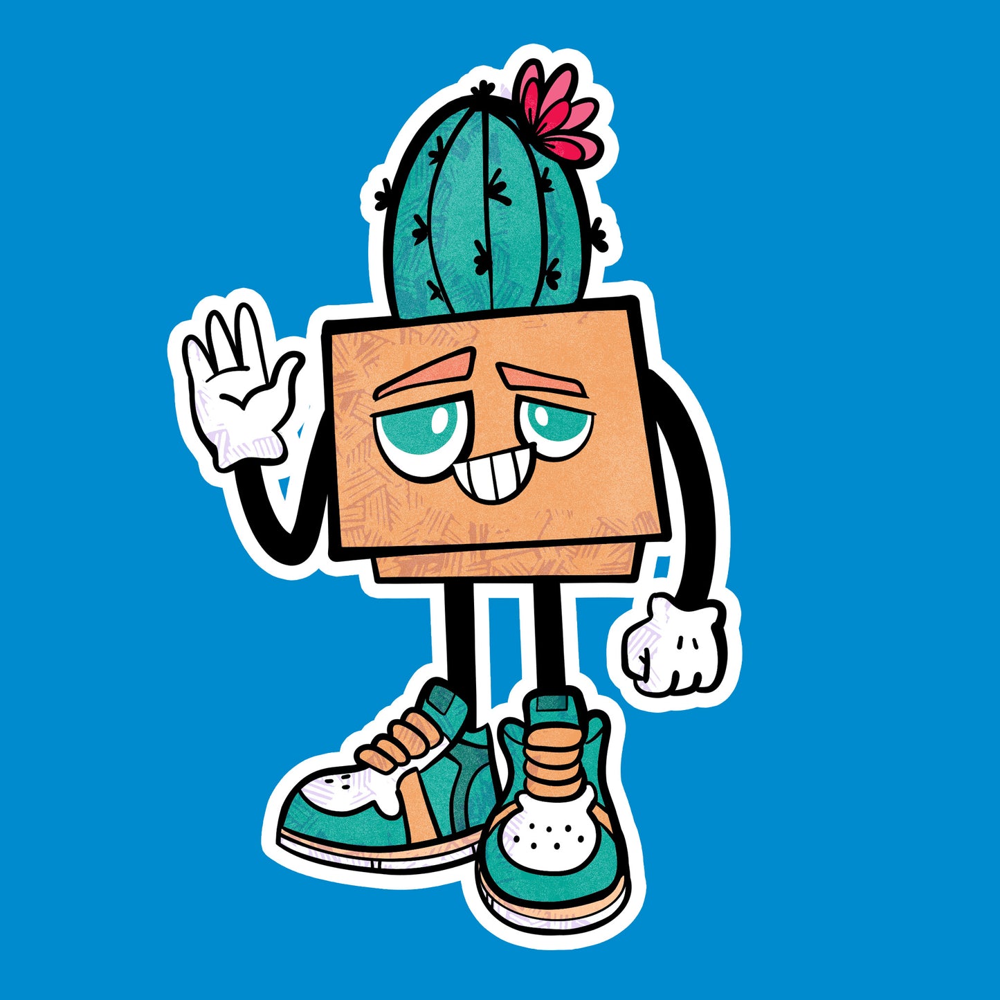 Cartoon cactus character waving on a blue background