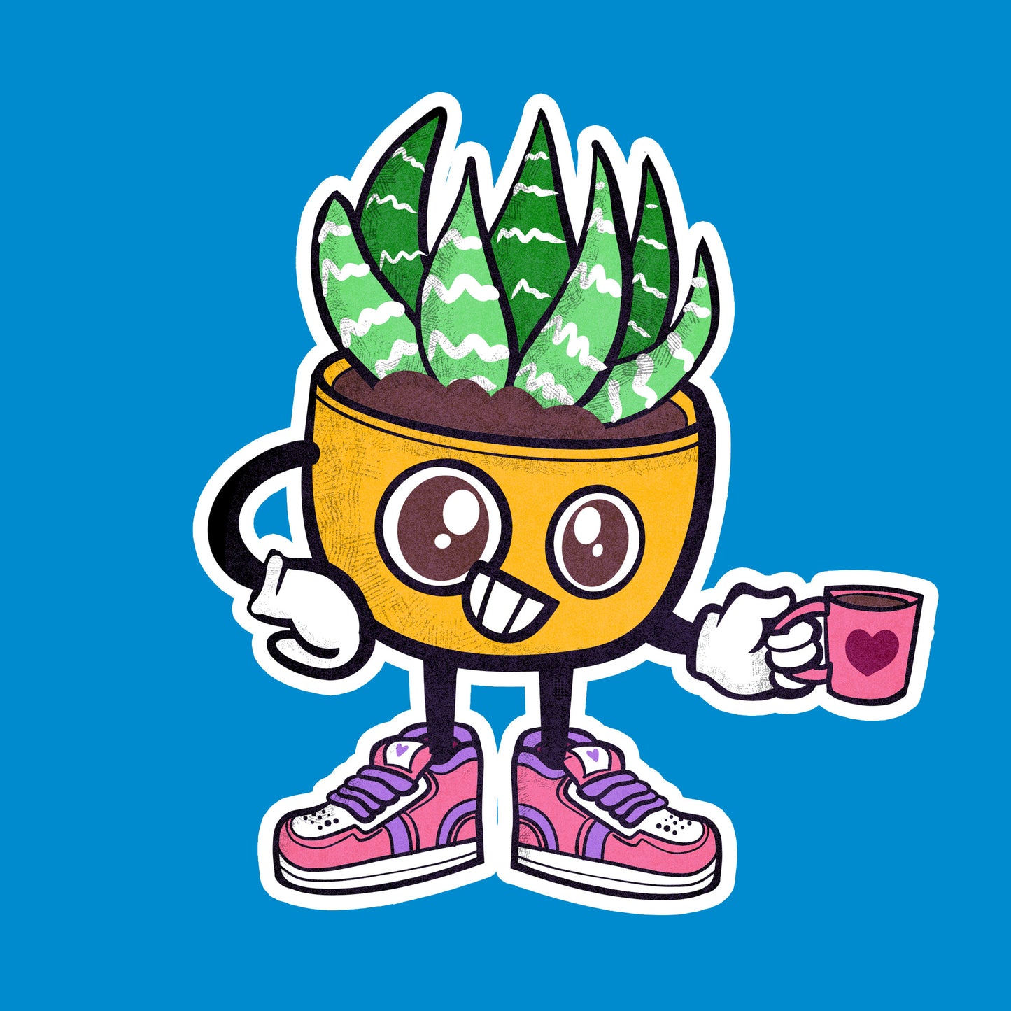 Smiling cartoon plant character holding a mug of coffee on a blue background