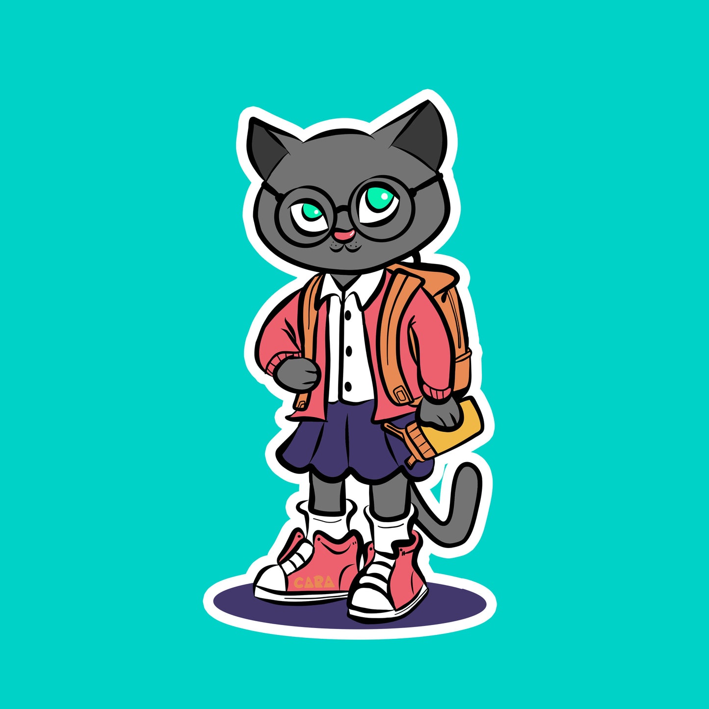 Cartoon cat character in a red jacket wearing a backpack and holding a water bottle on a teal background
