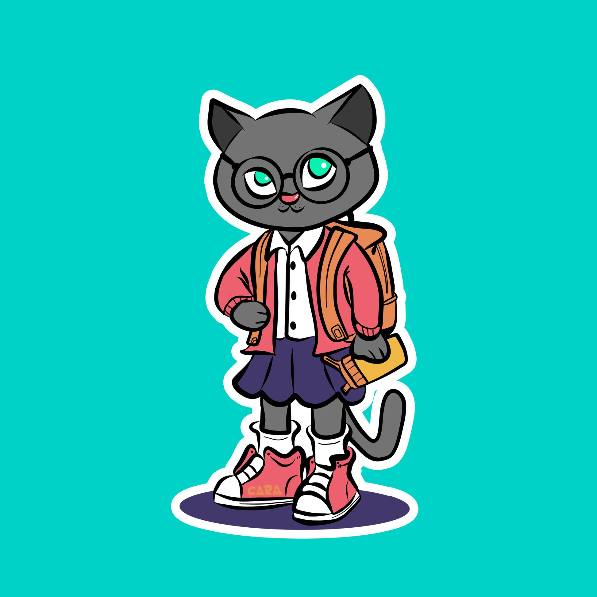 Cartoon cat character in a red jacket wearing a backpack and holding a water bottle on a teal background