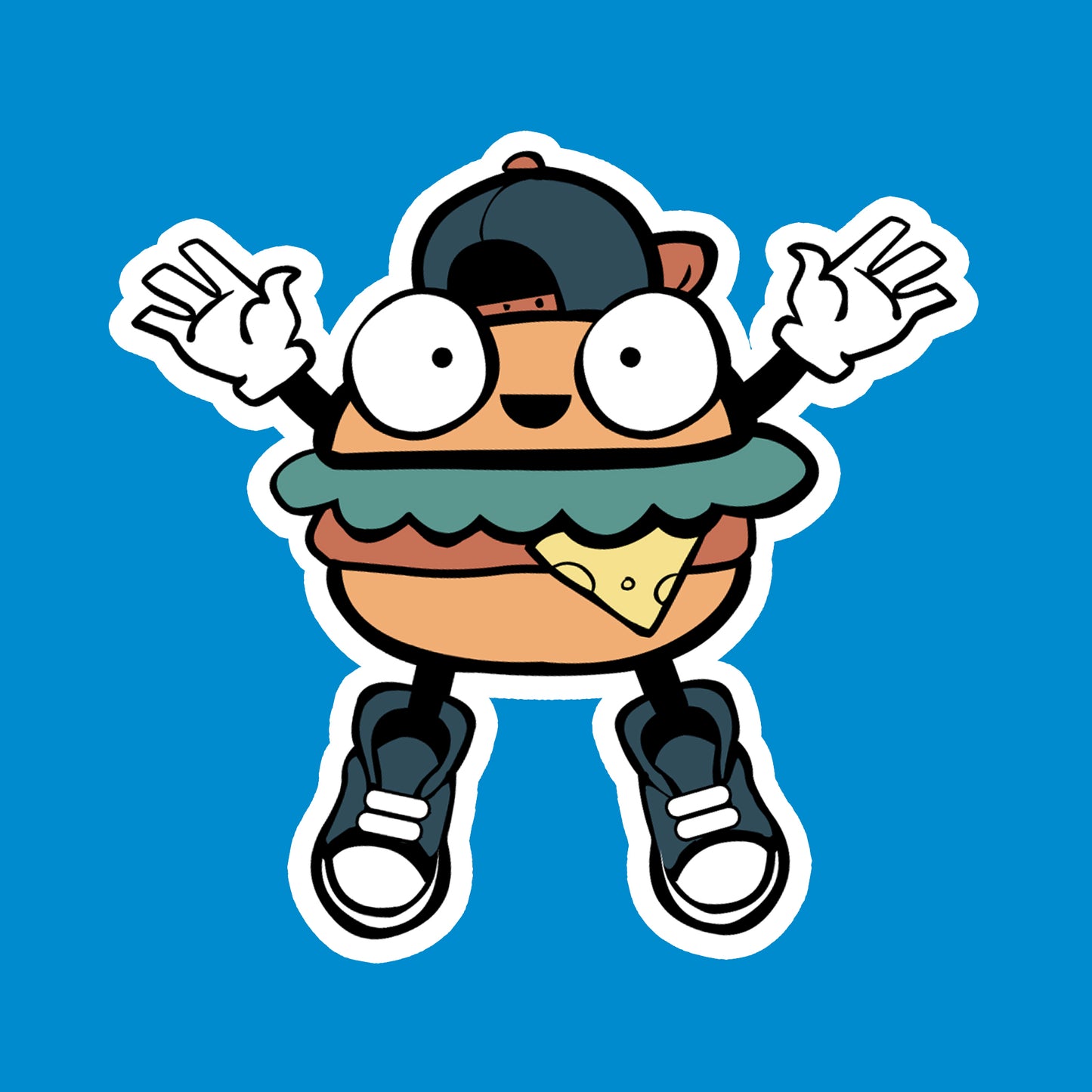 Cartoon burger with a cap, gloves, and sneakers on a blue background