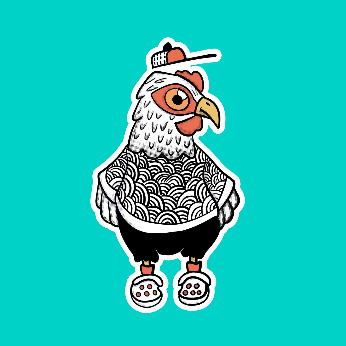 Cartoon chicken with a patterned shirt and cap on a teal background