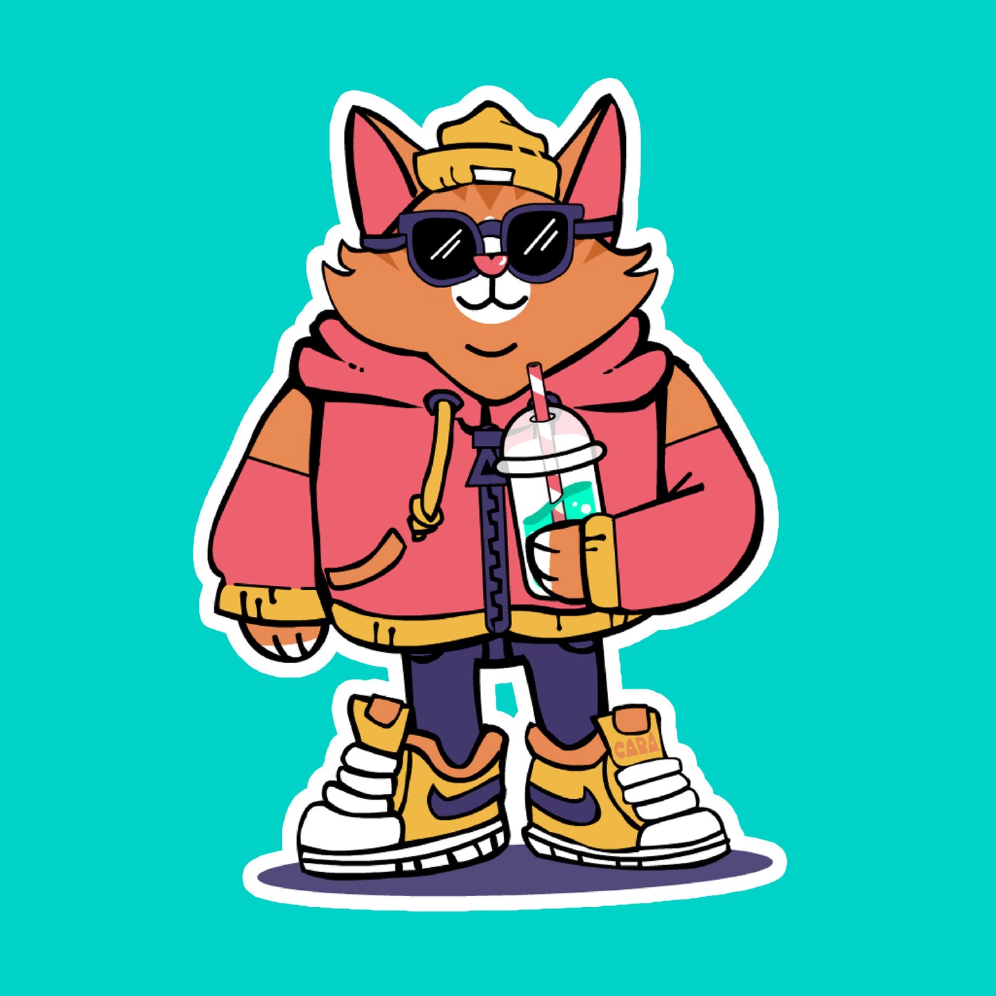 Cartoon cat character wearing sunglasses, a red jacket, and yellow beanie, holding a drink on a teal background.