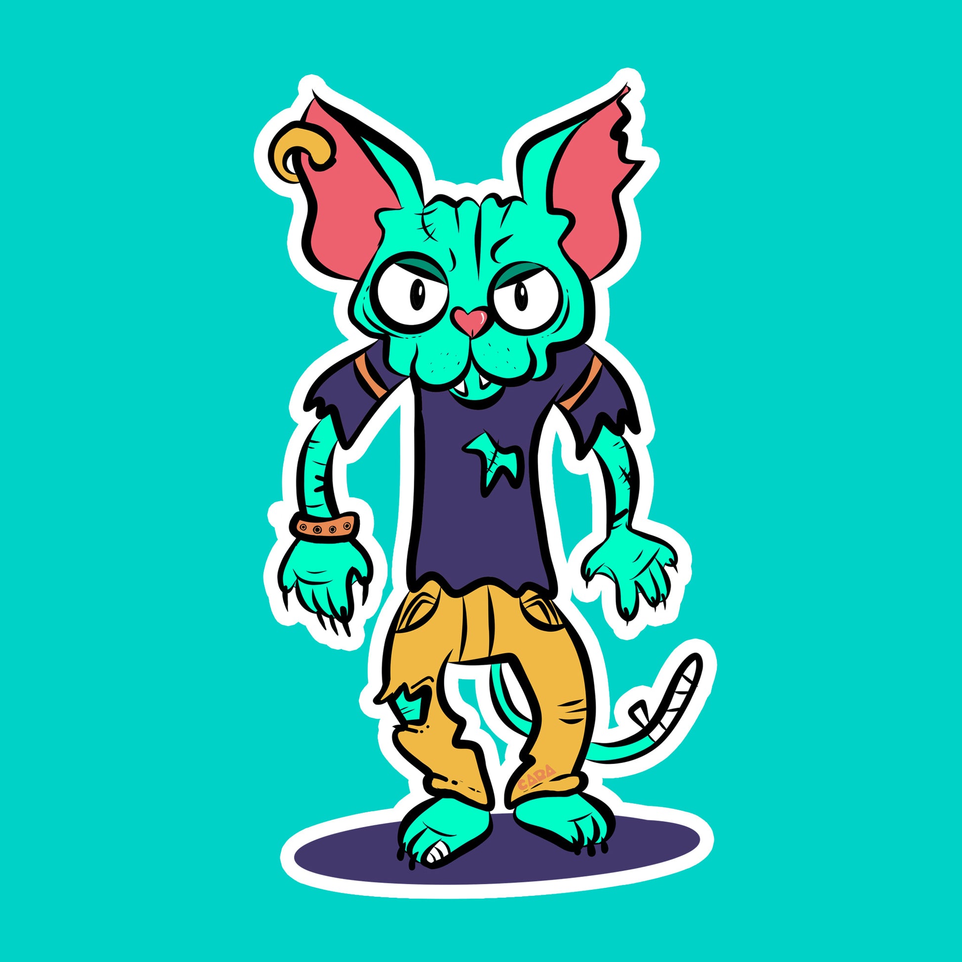 Ghoulish looking cartoon cat character with teal skin, pink ears, and yellow pants on a teal background