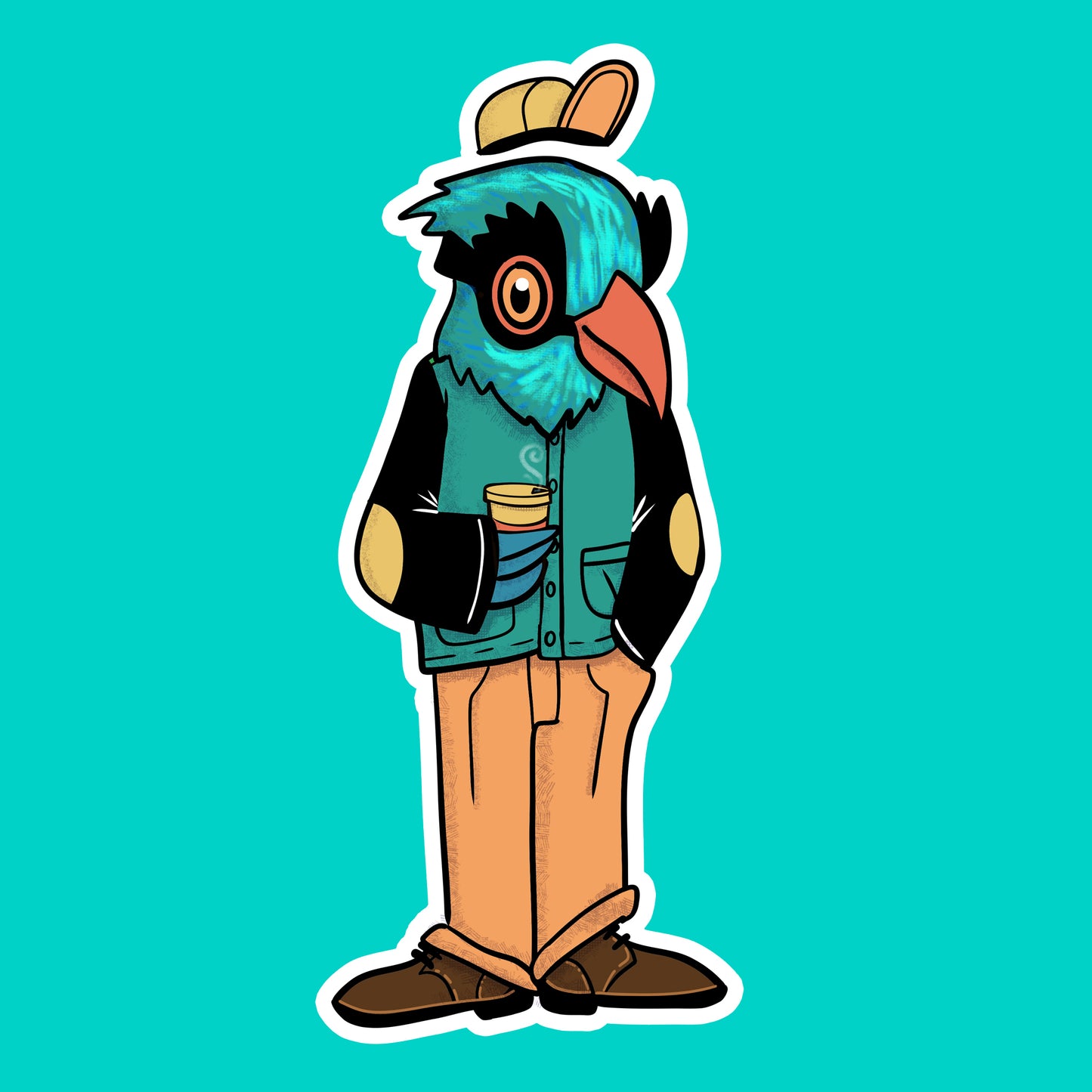 Cartoon parrot character wearing a hat, jacket, and pants while holding a coffee on a teal background