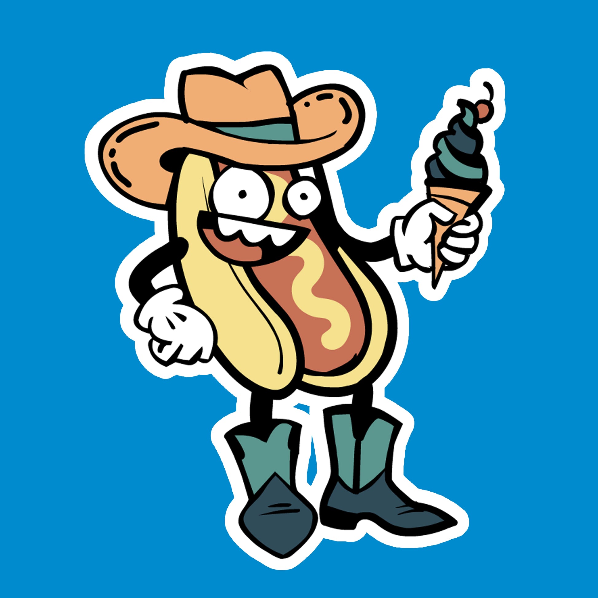 Cartoon hot dog character in cowboy attire holding an ice cream cone on a blue background