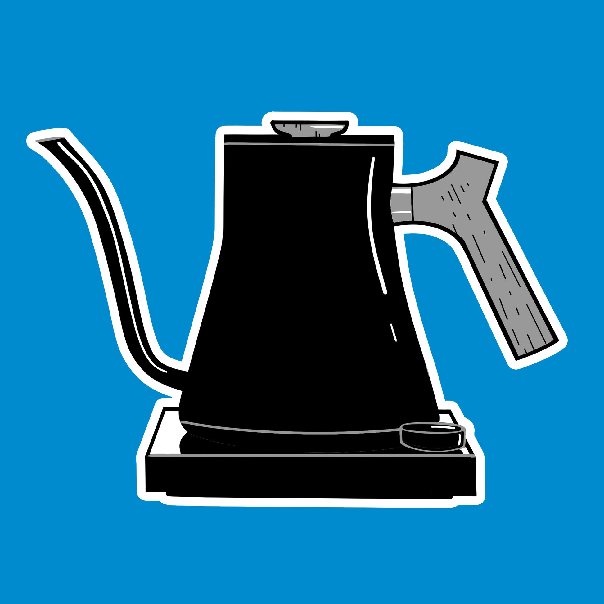 Illustration of a black gooseneck electric kettle on a blue background