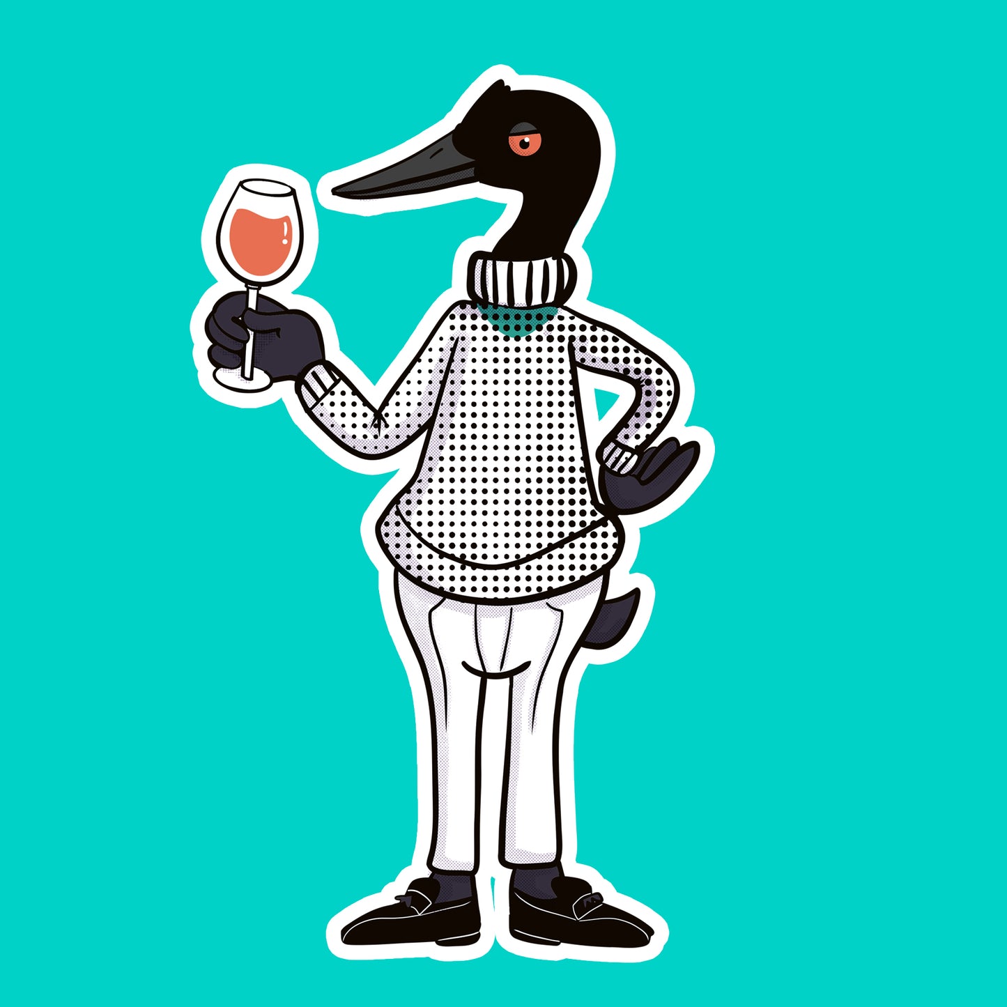 Illustration of a loon holding a glass of wine on a teal background