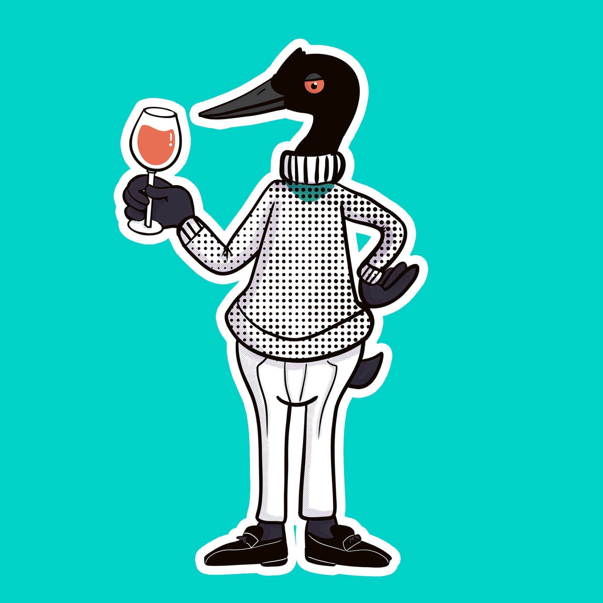 Illustration of a loon holding a glass of wine on a teal background