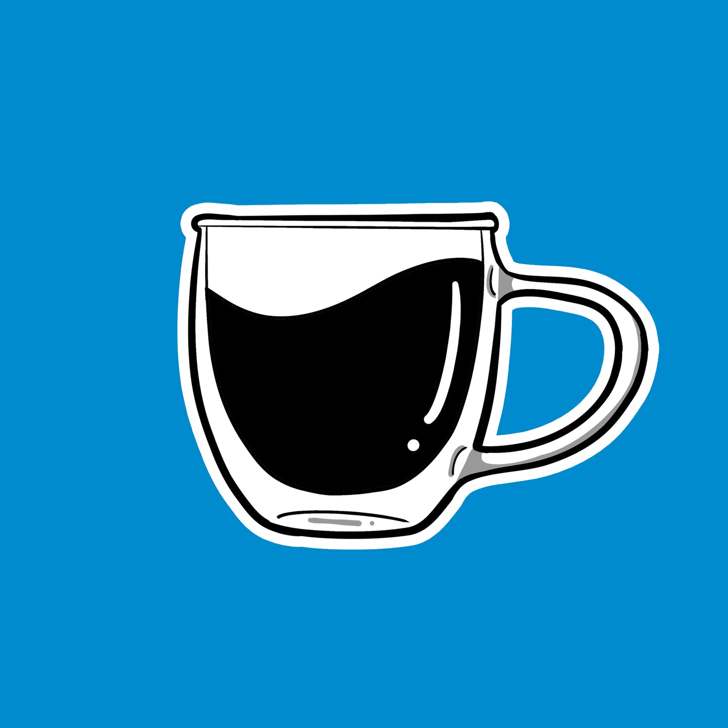 Illustration of a clear coffee mug full of coffee on a blue background