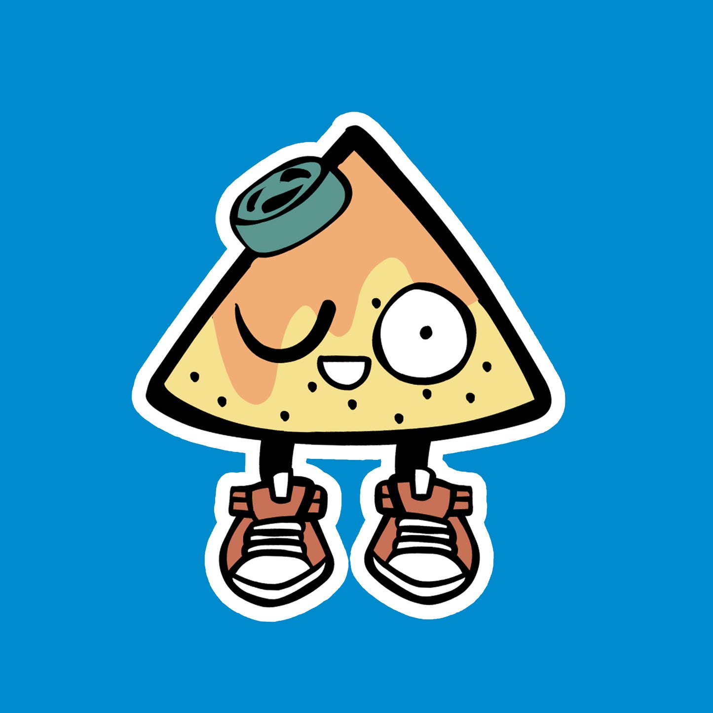 Cartoon nacho with cheese melting on his head on a blue background