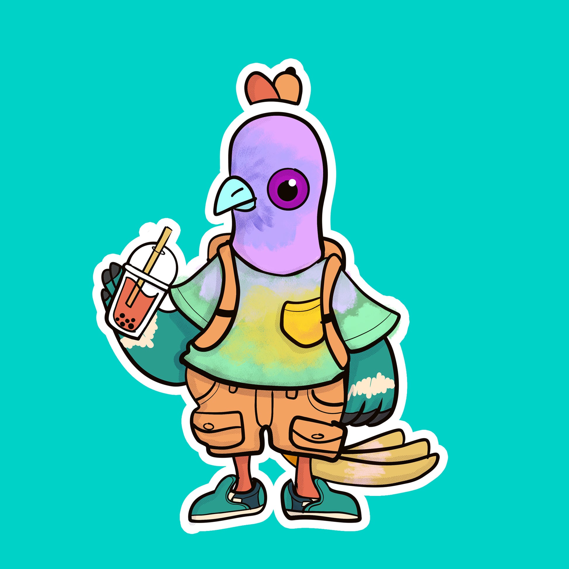 Cartoon pigeon with a purple head and orange shorts holding a boba tea on a teal background