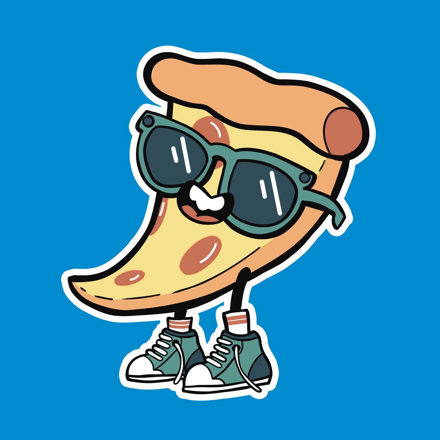 Cartoon pizza slice wearing green sunglasses and shoes on a blue background