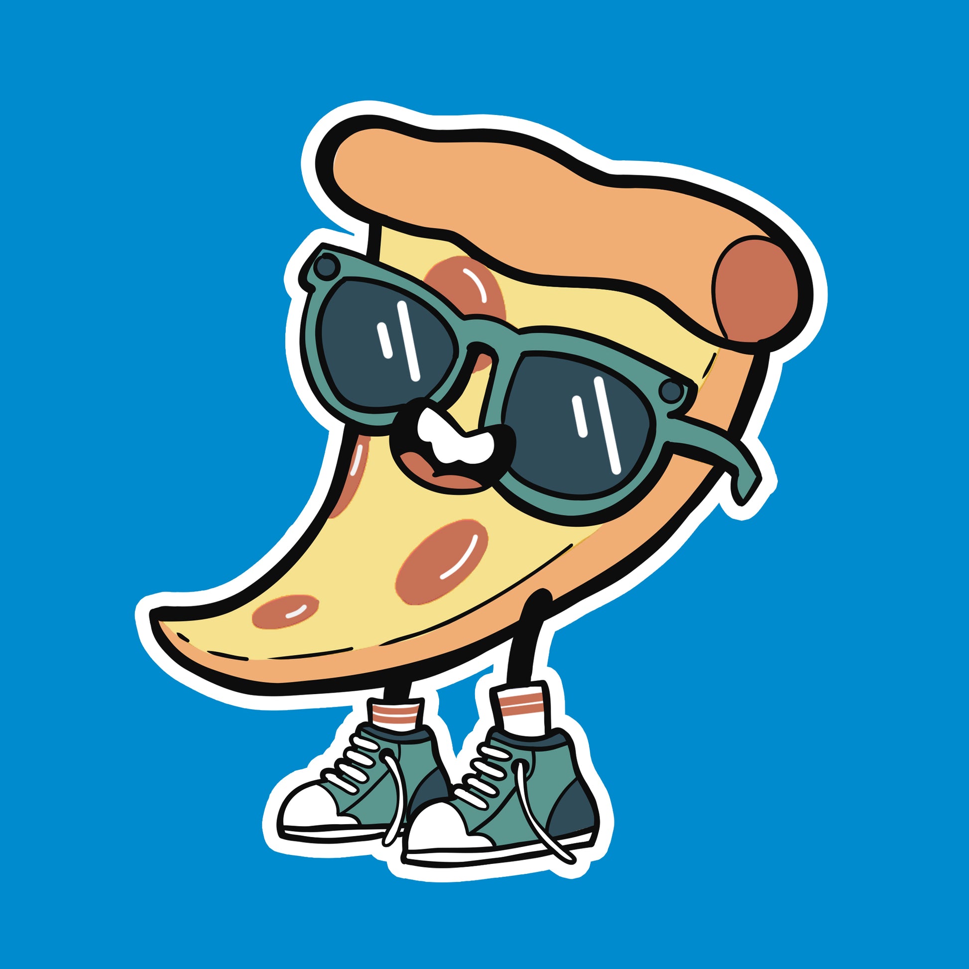 Cartoon pizza slice wearing green sunglasses and shoes on a blue background