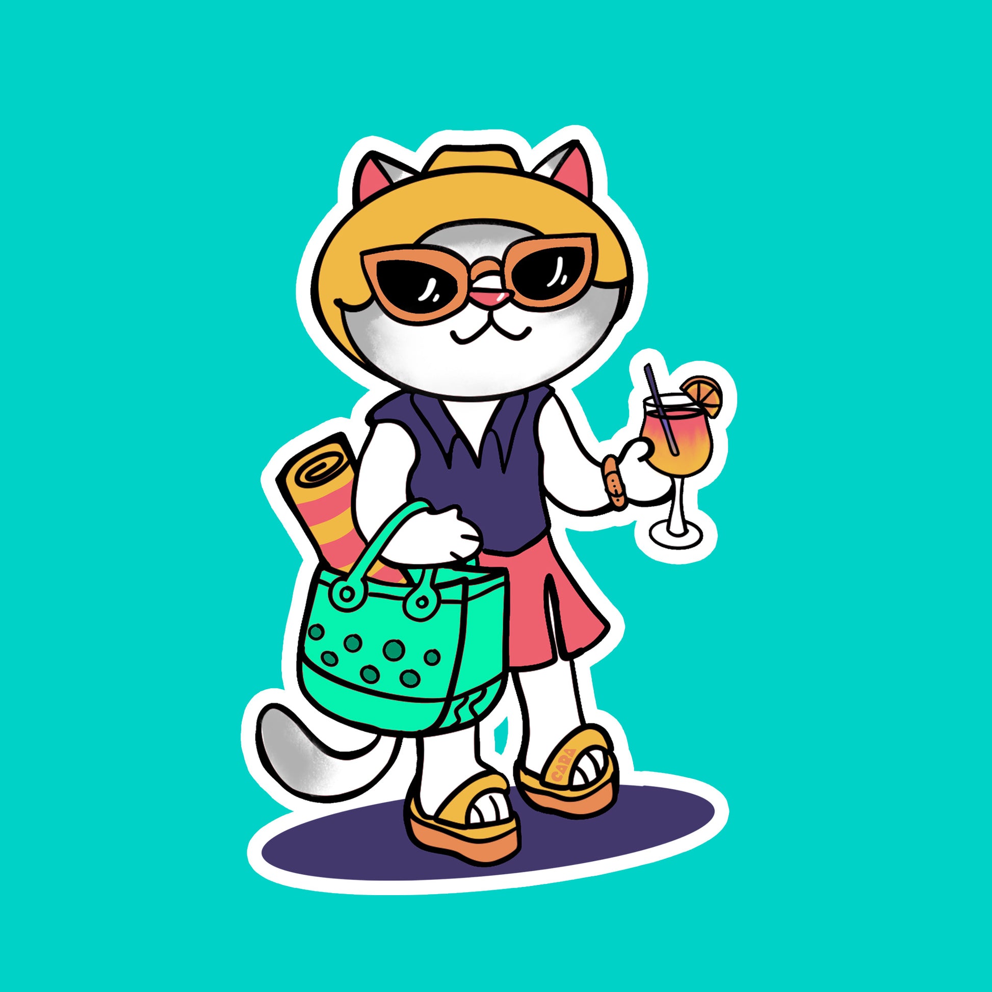 Cartoon cat character with sunglasses, a beach bag, and a tropical drink on a teal background