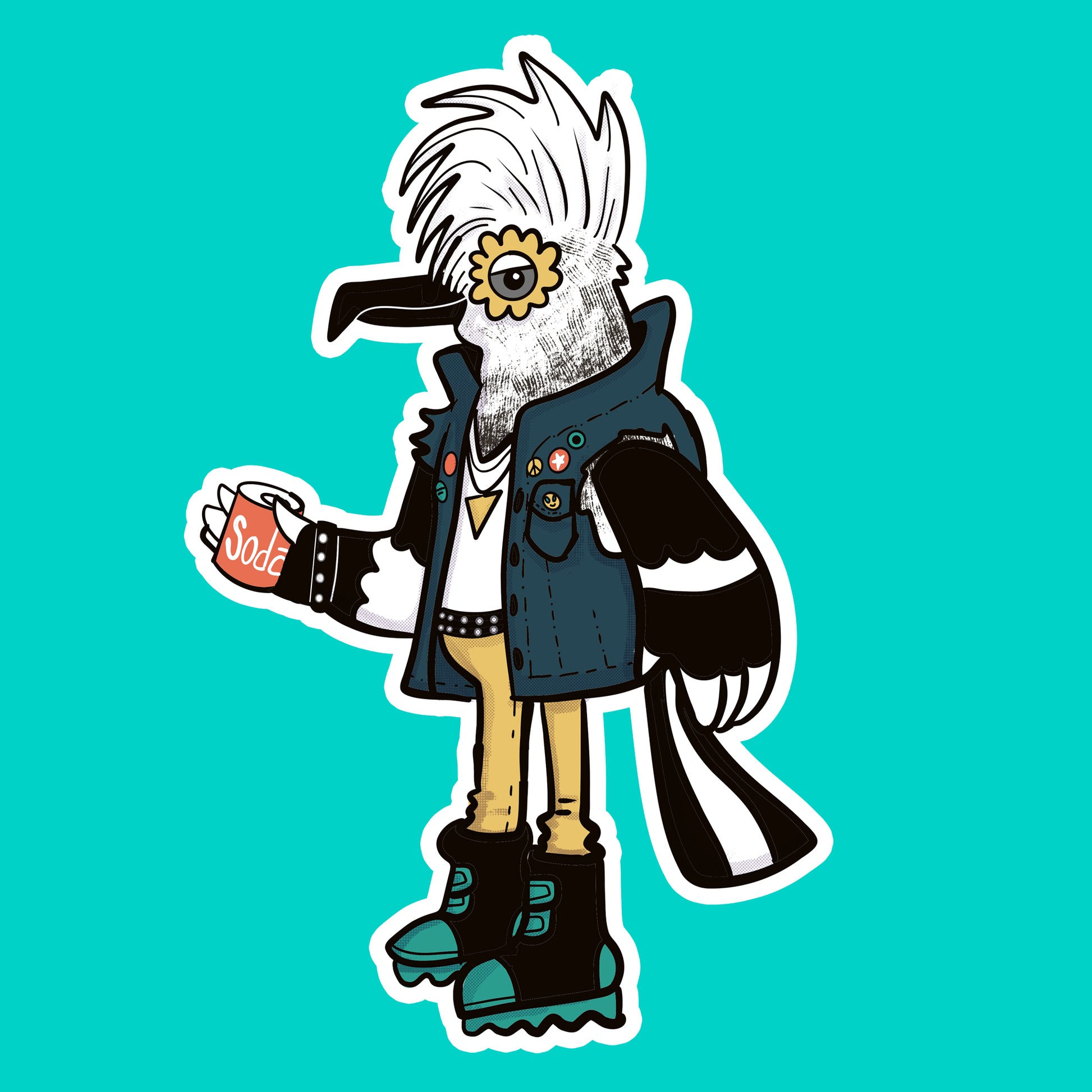 Punk bird cartoon character with a mohawk and rocker outfit holding a soda on a teal background