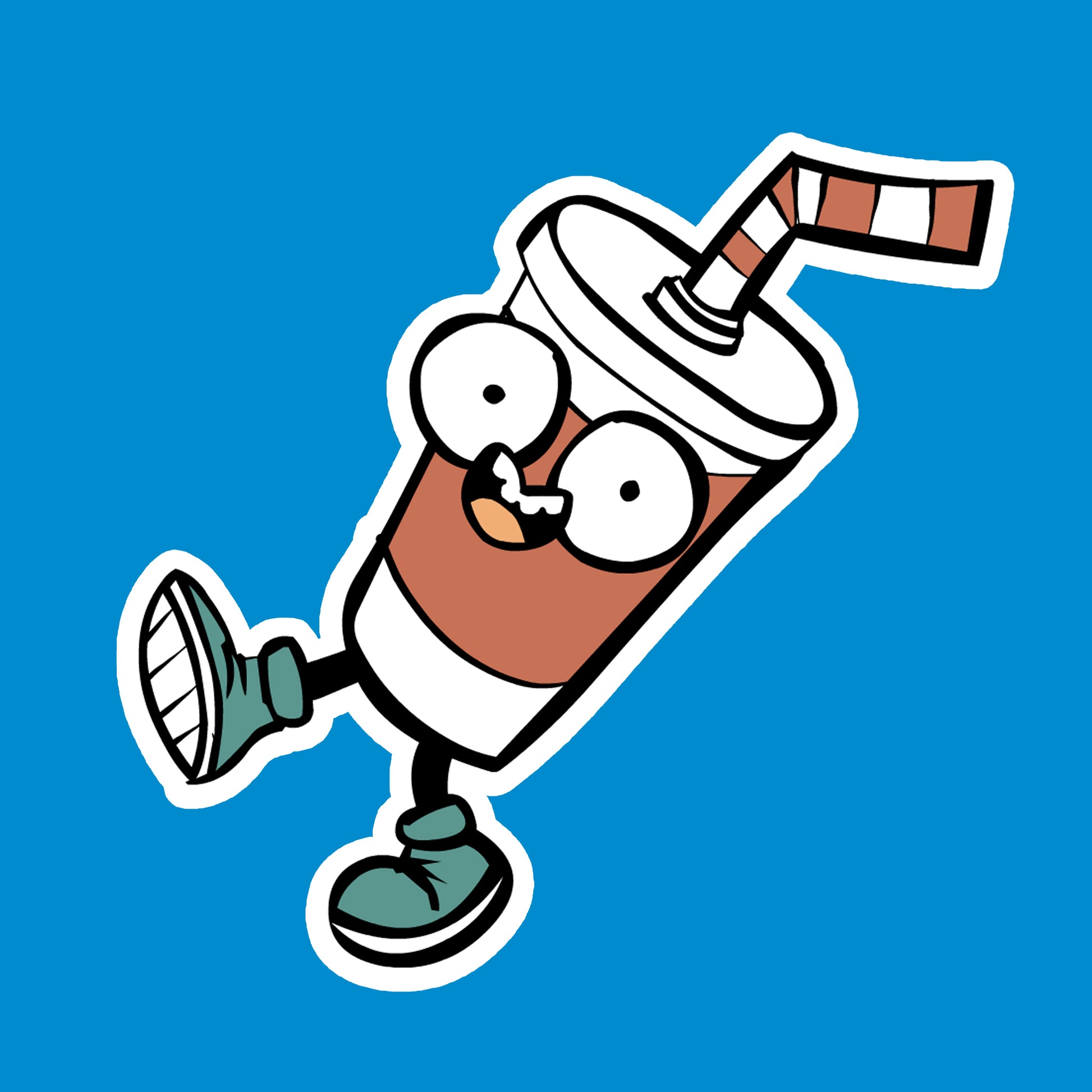 Cartoon character of a soda cup with a straw on a blue background