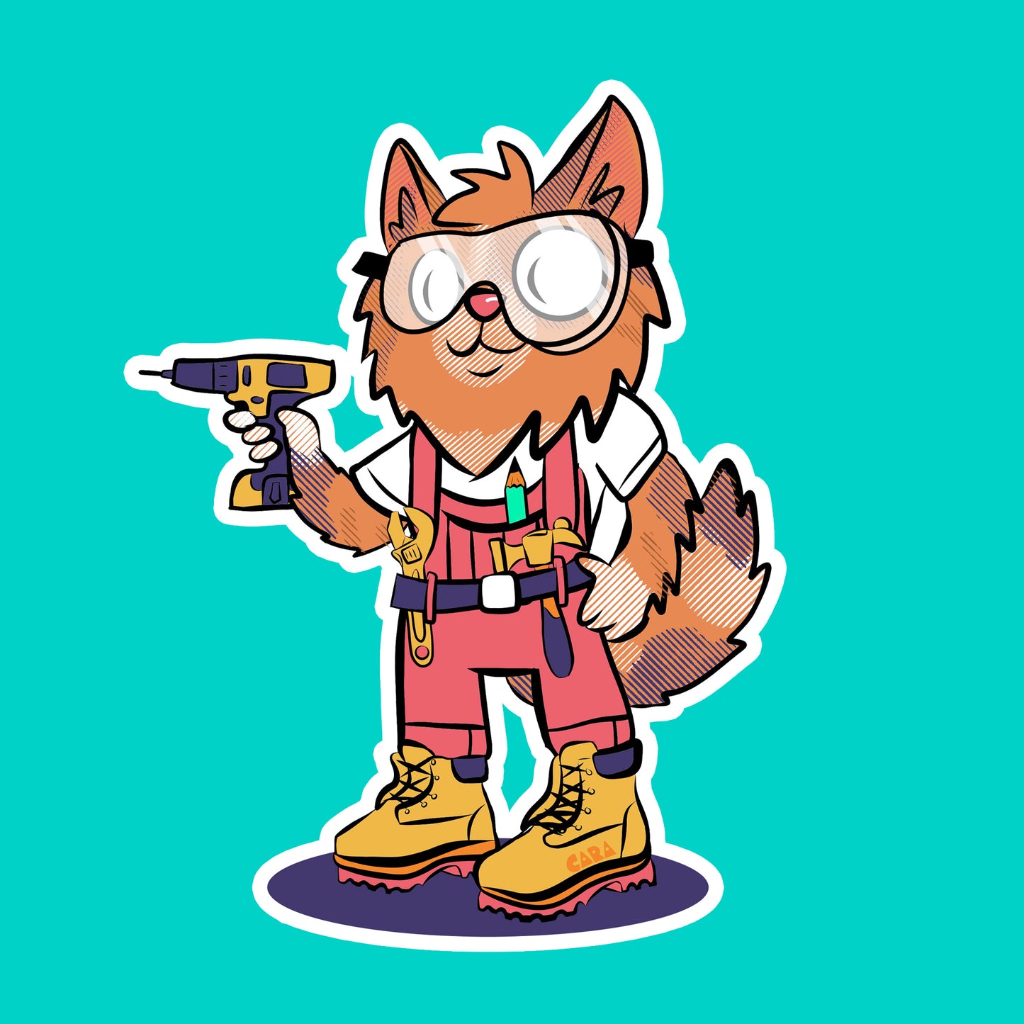 Cartoon cat character in overalls holding a drill on a teal background