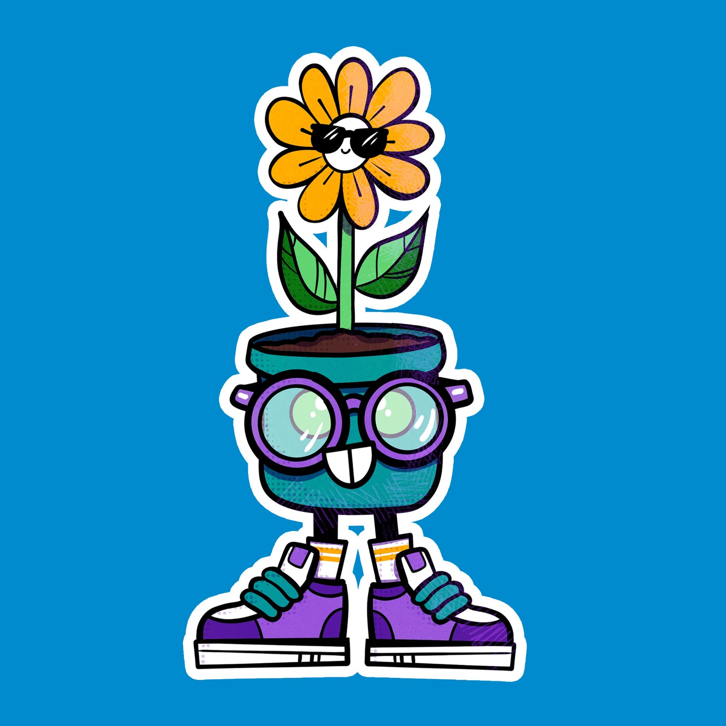 Cartoon flower pot with a sunflower wearing sunglasses on a blue background