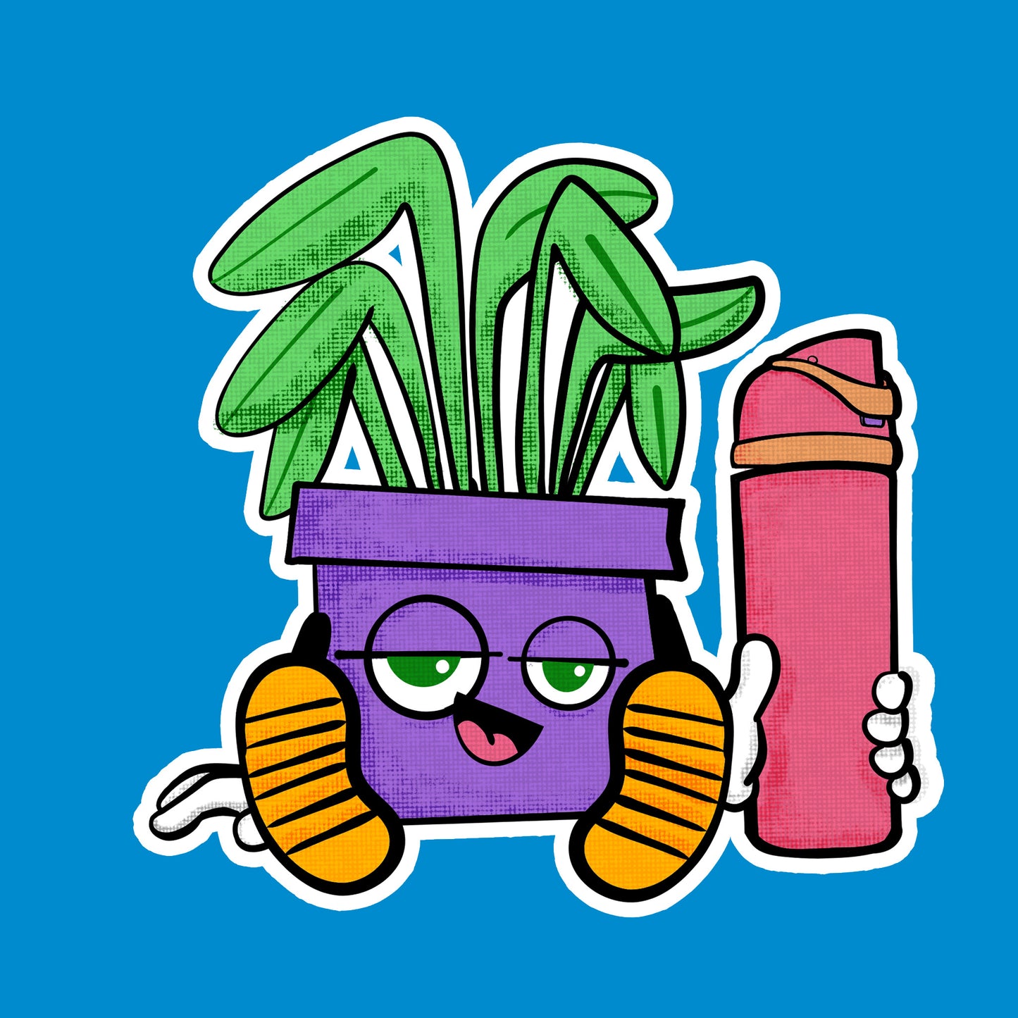 Cartoon plant holding a pink water bottle on a blue background