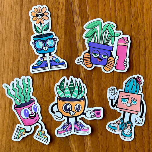 Set of five colorful cartoon-style plant character stickers